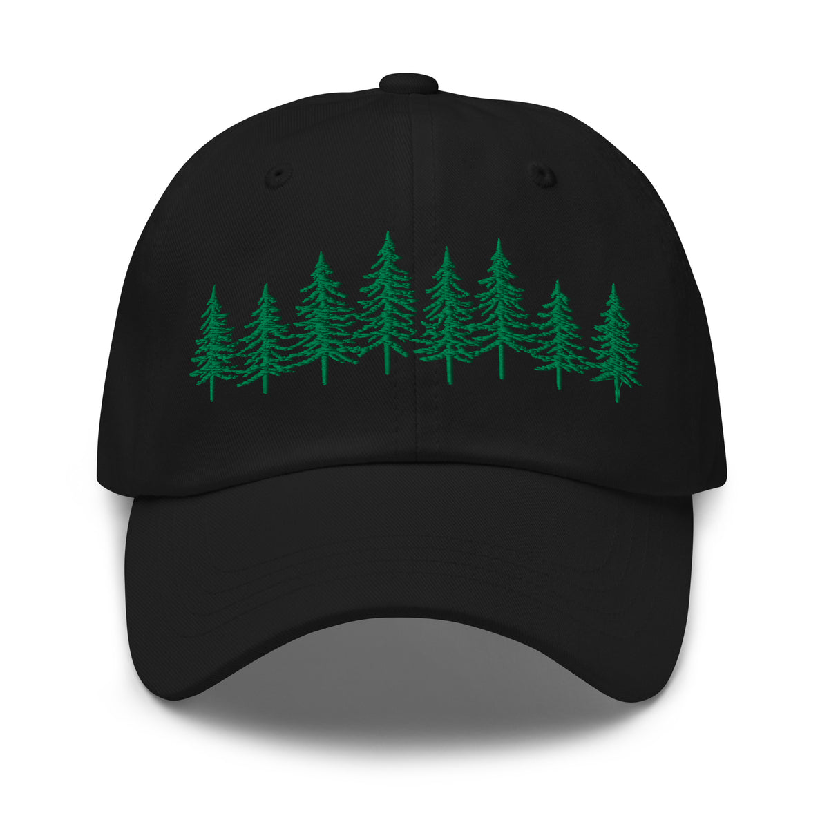 Black Into the Pines baseball hat by Klemm & Co., featuring the embroidered pine tree design on the front in green thread.