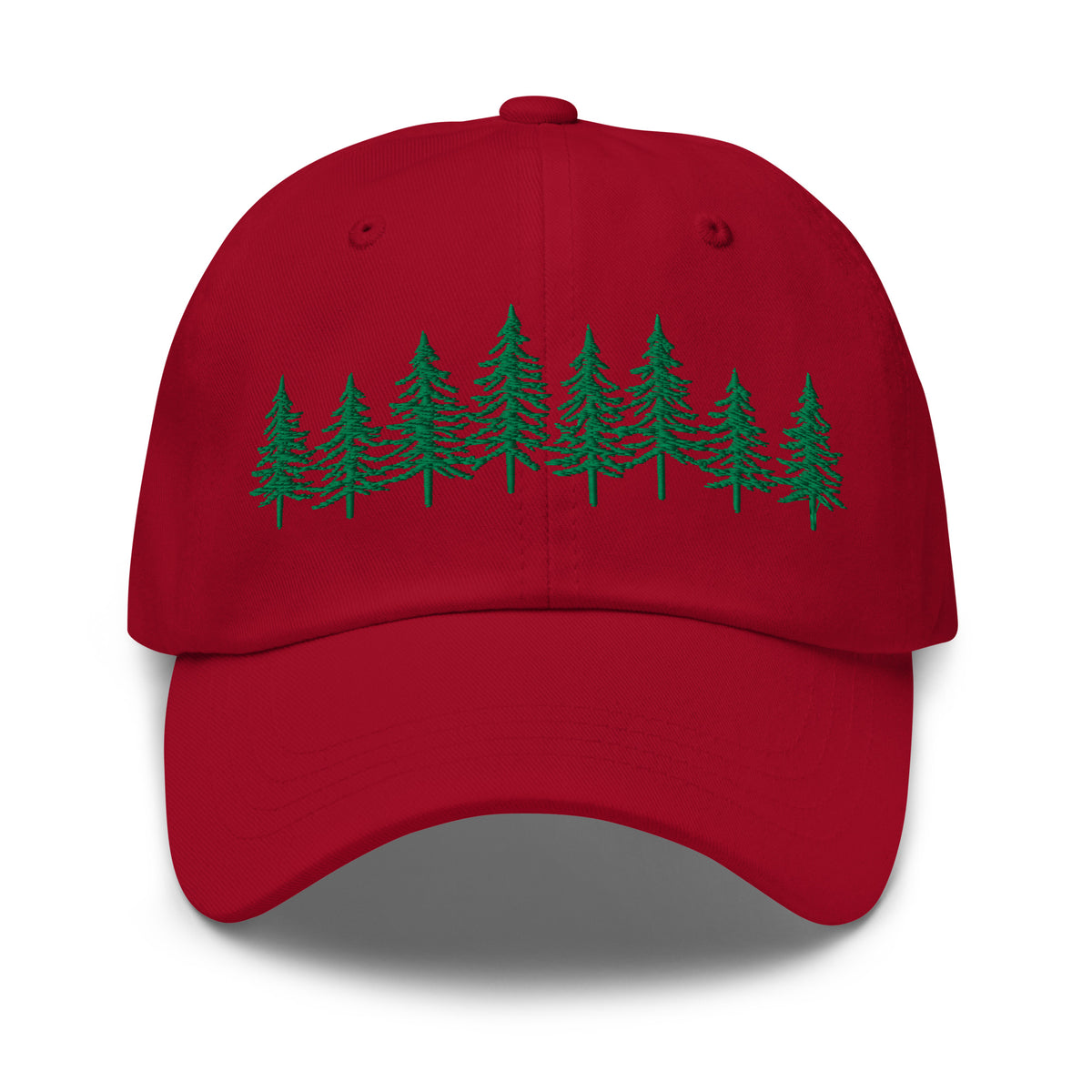 Cranberry Into the Pines baseball hat by Klemm & Co., featuring a pine tree design embroidered in green thread on the front in green thread.