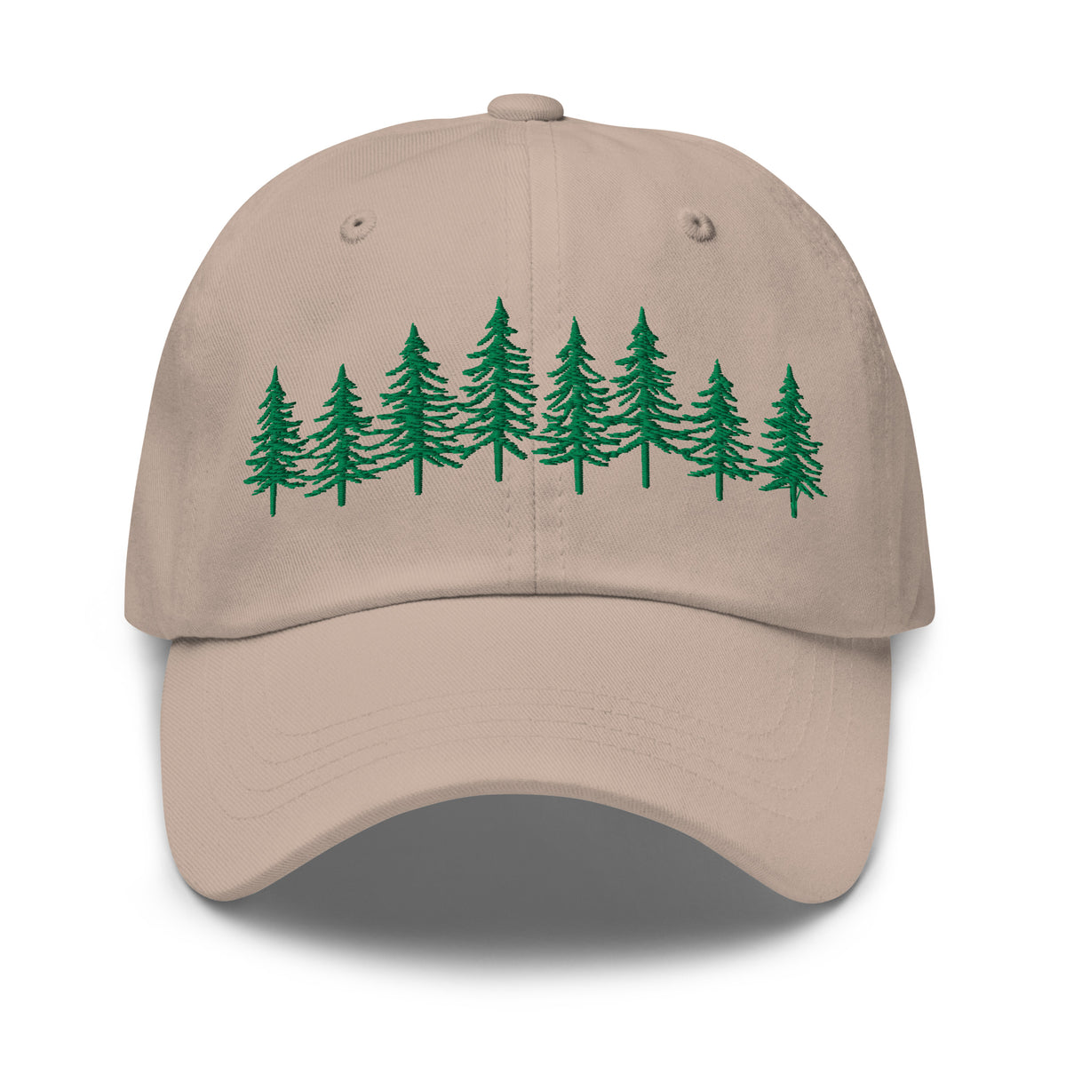 Stone Into the Pines baseball hat by Klemm & Co., featuring the embroidered pine tree design on the front in green thread.