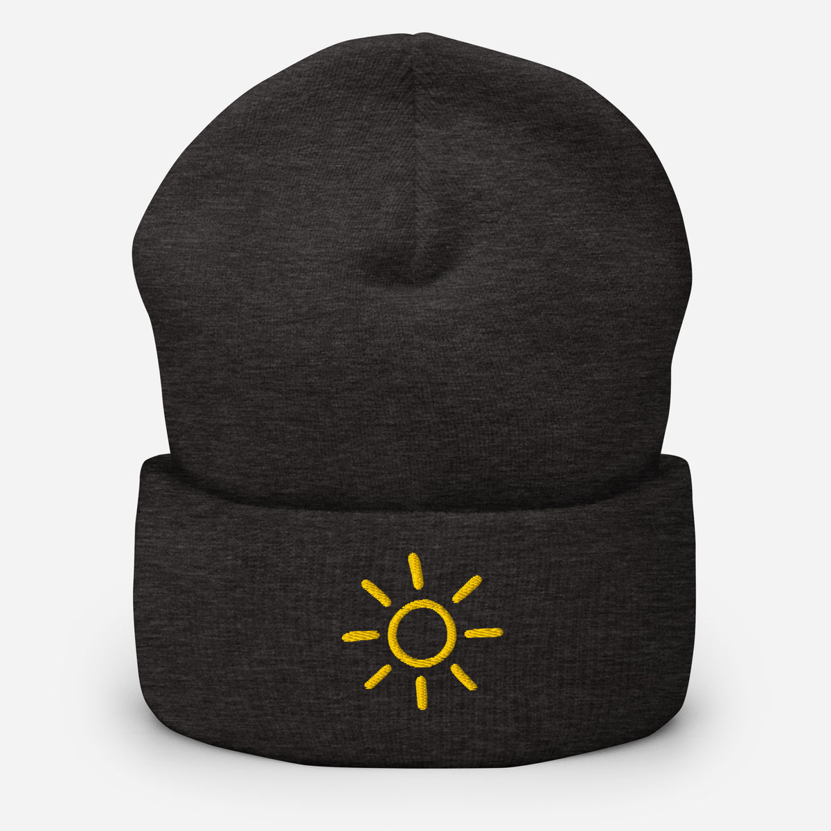 Dark grey Sun embroidered toque by Klemm & Co., featuring a minimalist sun design embroidered in gold thread.