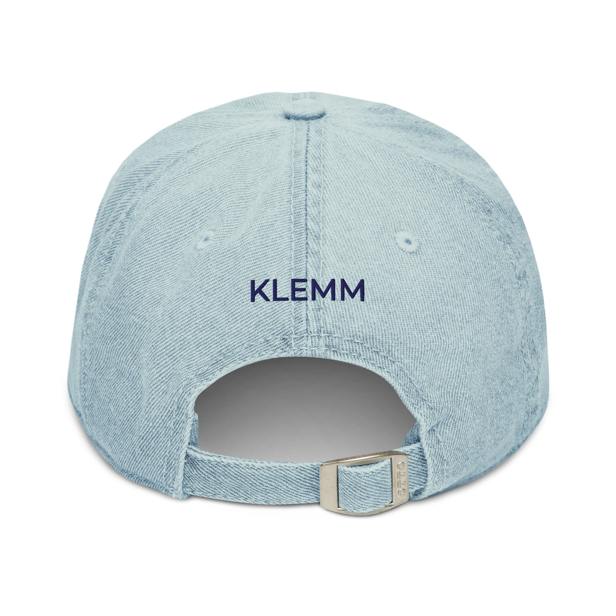 Back view of the light blue denim Rock Your Soul baseball hat by Klemm & Co., showing KLEMM embroidered in navy thread.