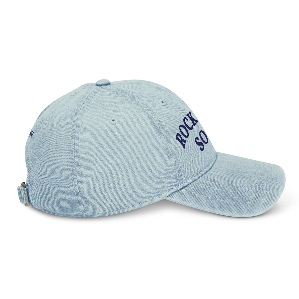 Right side view of the light blue denim Rock Your Soul baseball hat by Klemm & Co., showing the hat's embroidered detailing.