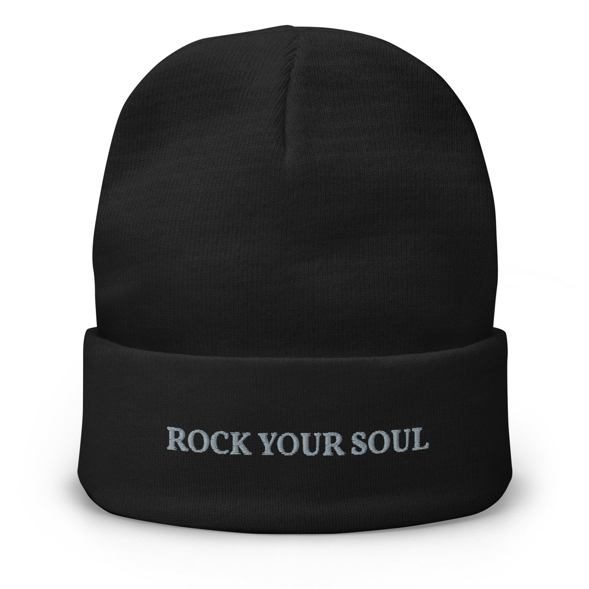 Black Rock Your Soul toque by Klemm & Co., featuring ROCK YOUR SOUL embroidered in grey thread on the front.