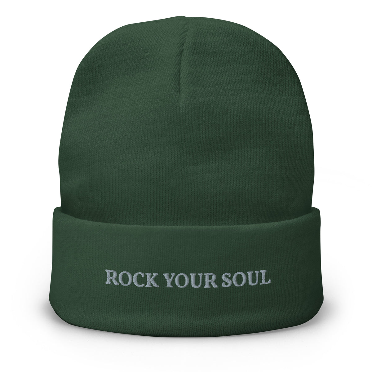 Dark green Rock Your Soul toque by Klemm & Co., featuring ROCK YOUR SOUL embroidered in grey thread on the front.