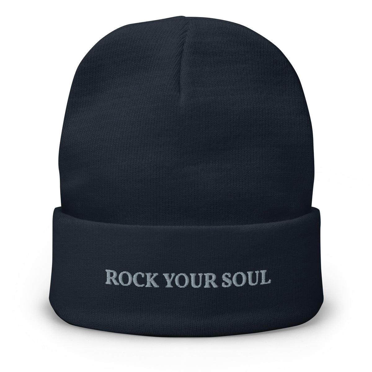 Navy Rock Your Soul toque by Klemm & Co., featuring ROCK YOUR SOUL embroidered in grey thread on the front.