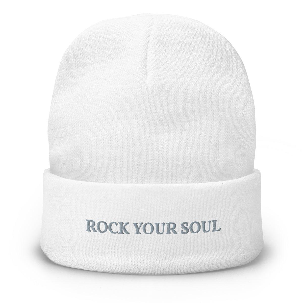 White Rock Your Soul toque by Klemm & Co., featuring ROCK YOUR SOUL embroidered in grey thread on the front.