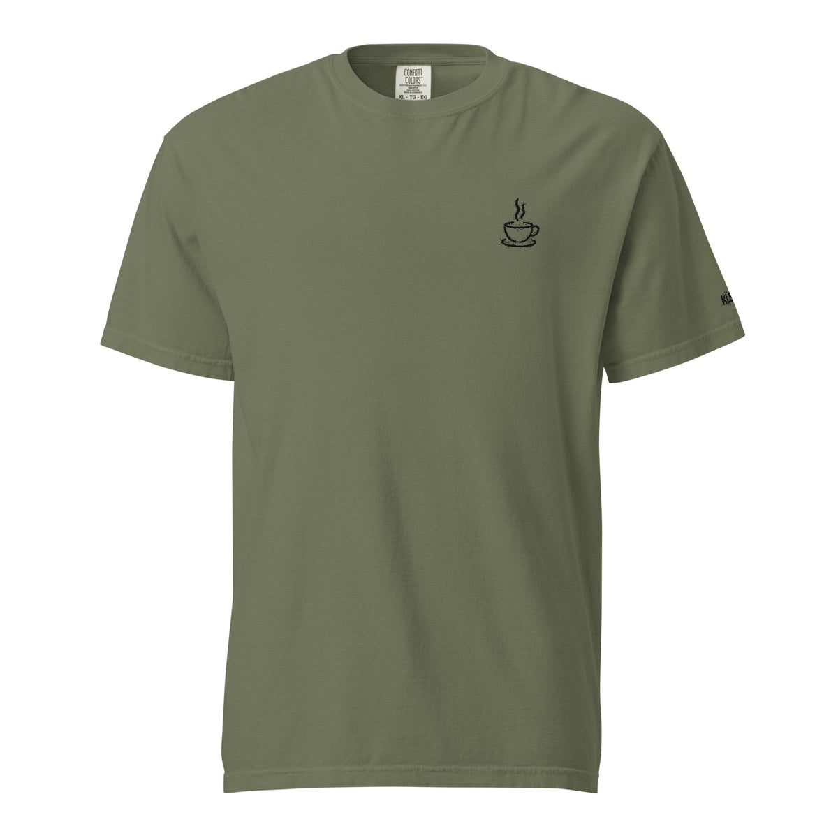 Female model wearing the moss Poured for This coffee T-shirt by Klemm & Co., front view showing the coffee cup design embroidered in black thread.