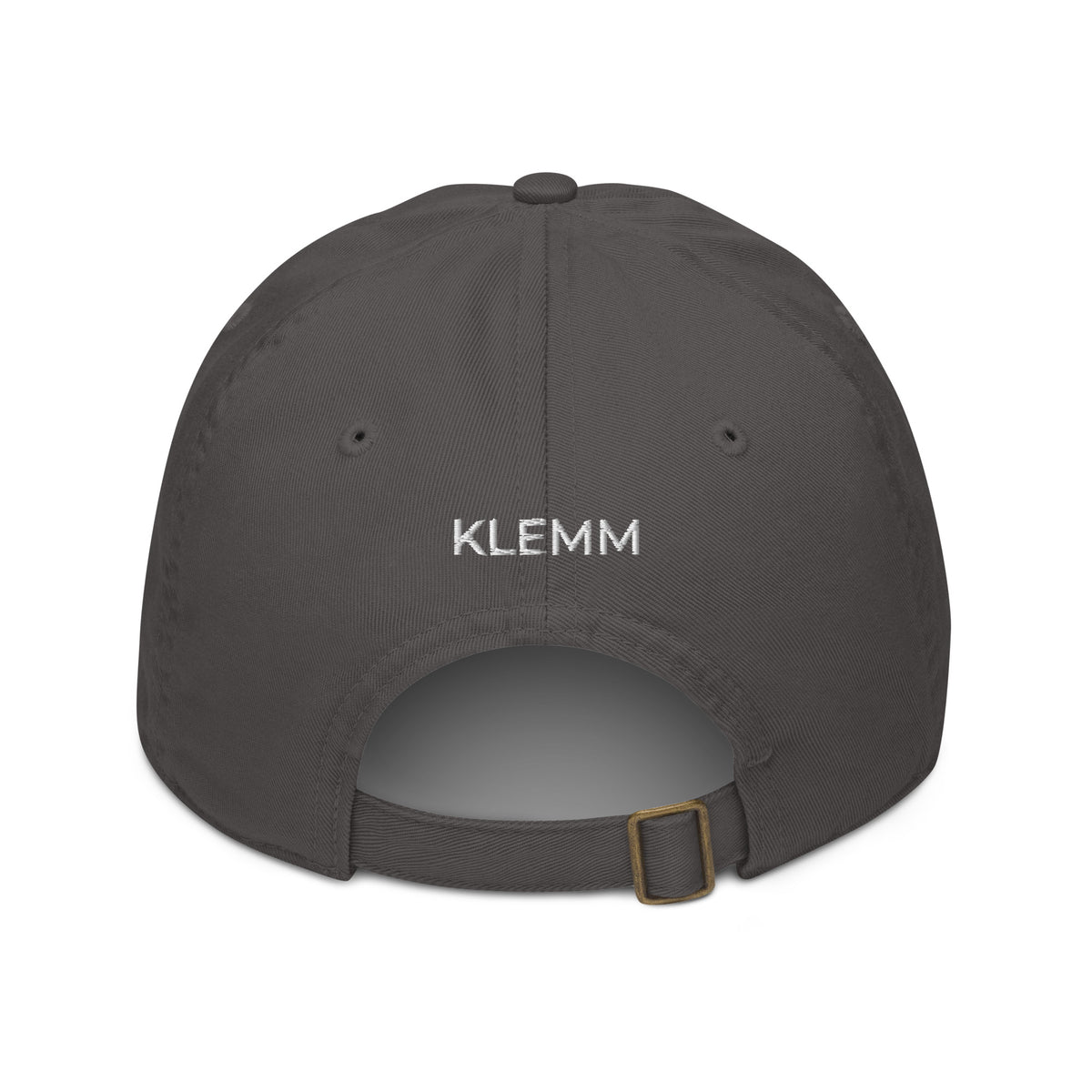 Back view of the grey Meet Me at the Cabin baseball hat by Klemm & Co., featuring KLEMM embroidered in white thread.