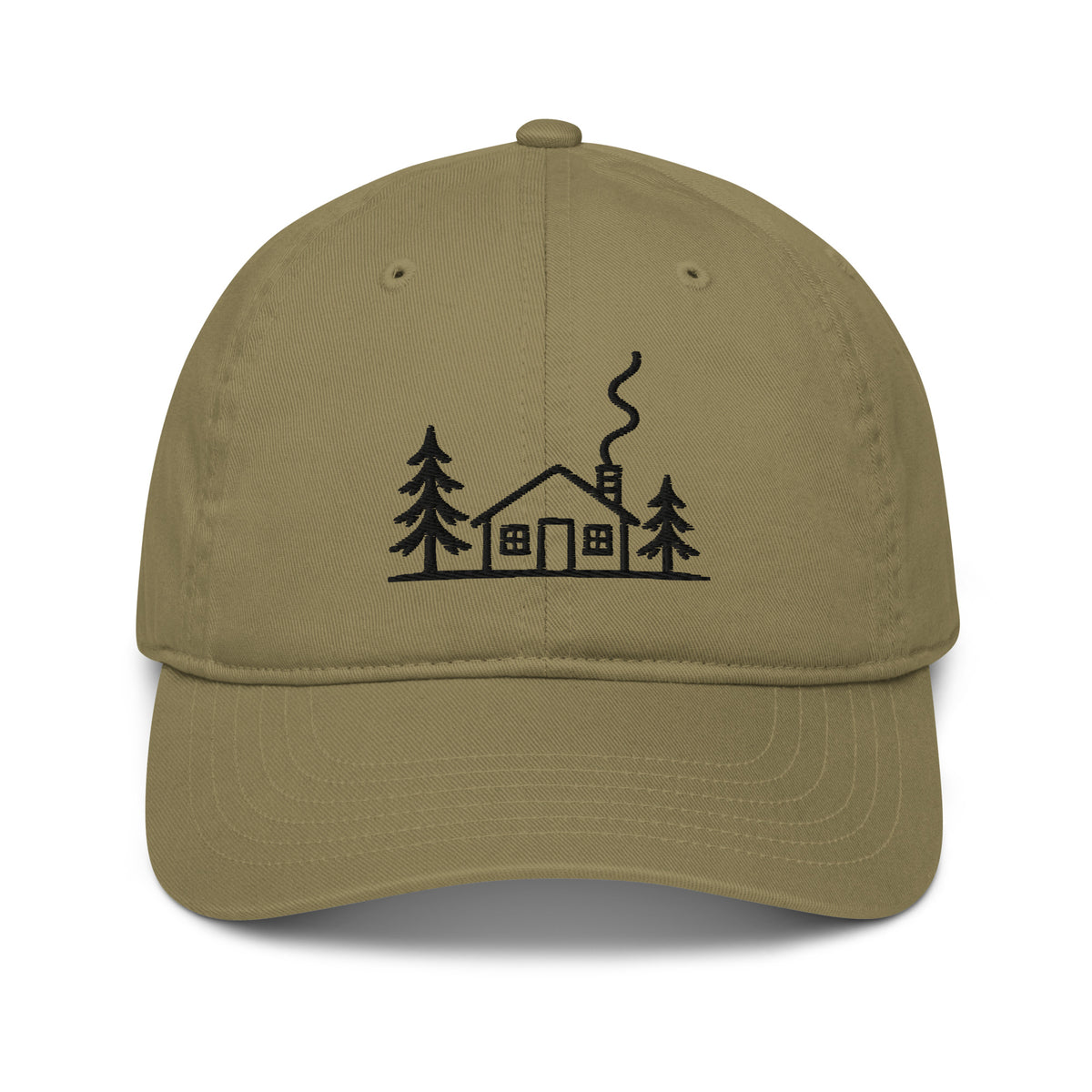 Jungle green Meet Me at the Cabin baseball hat by Klemm & Co., featuring black embroidered cabin and pine tree artwork.