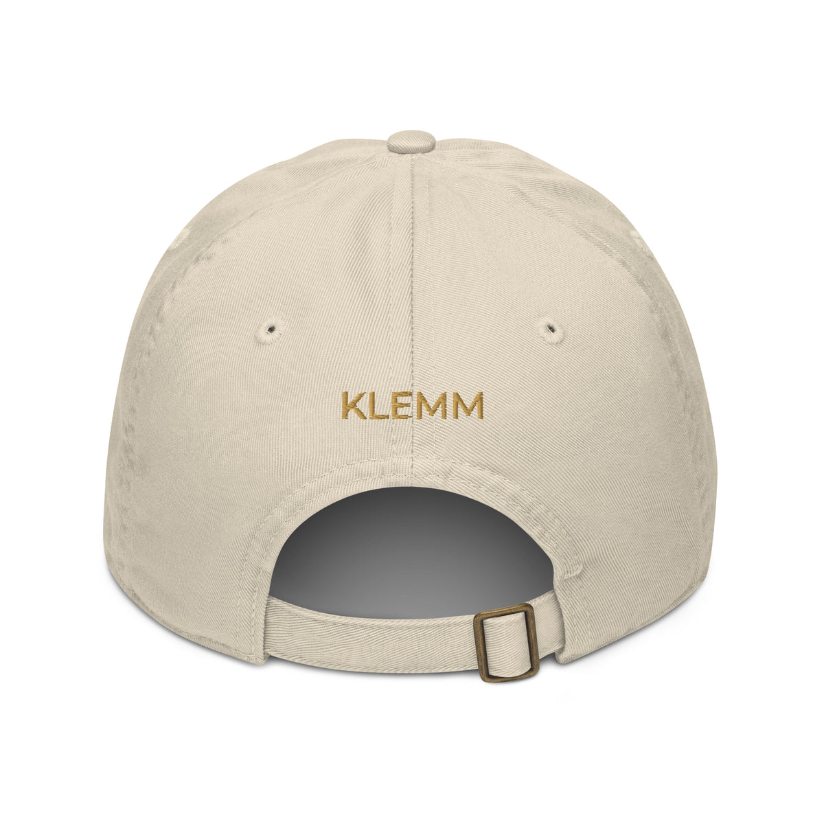 Back view of the oyster Meet Me at the Cabin baseball hat by Klemm & Co., featuring KLEMM embroidered in gold thread.