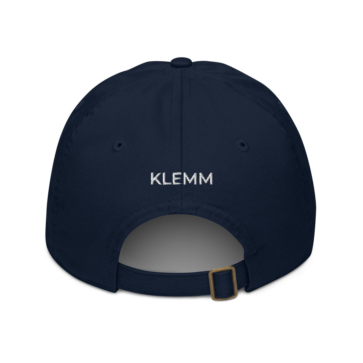 Back view of the navy Meet Me at the Cabin baseball hat by Klemm & Co., featuring KLEMM embroidered in white thread.