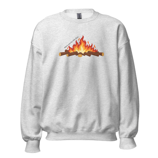 Ash Meet Me by the Fire crewneck sweatshirt by Klemm & Co., featuring a printed campfire design on the front.