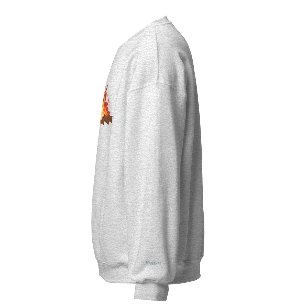 Side view of the ash Meet Me by the Fire crewneck sweatshirt by Klemm & Co., showing the printed KLEMM sleeve branding.