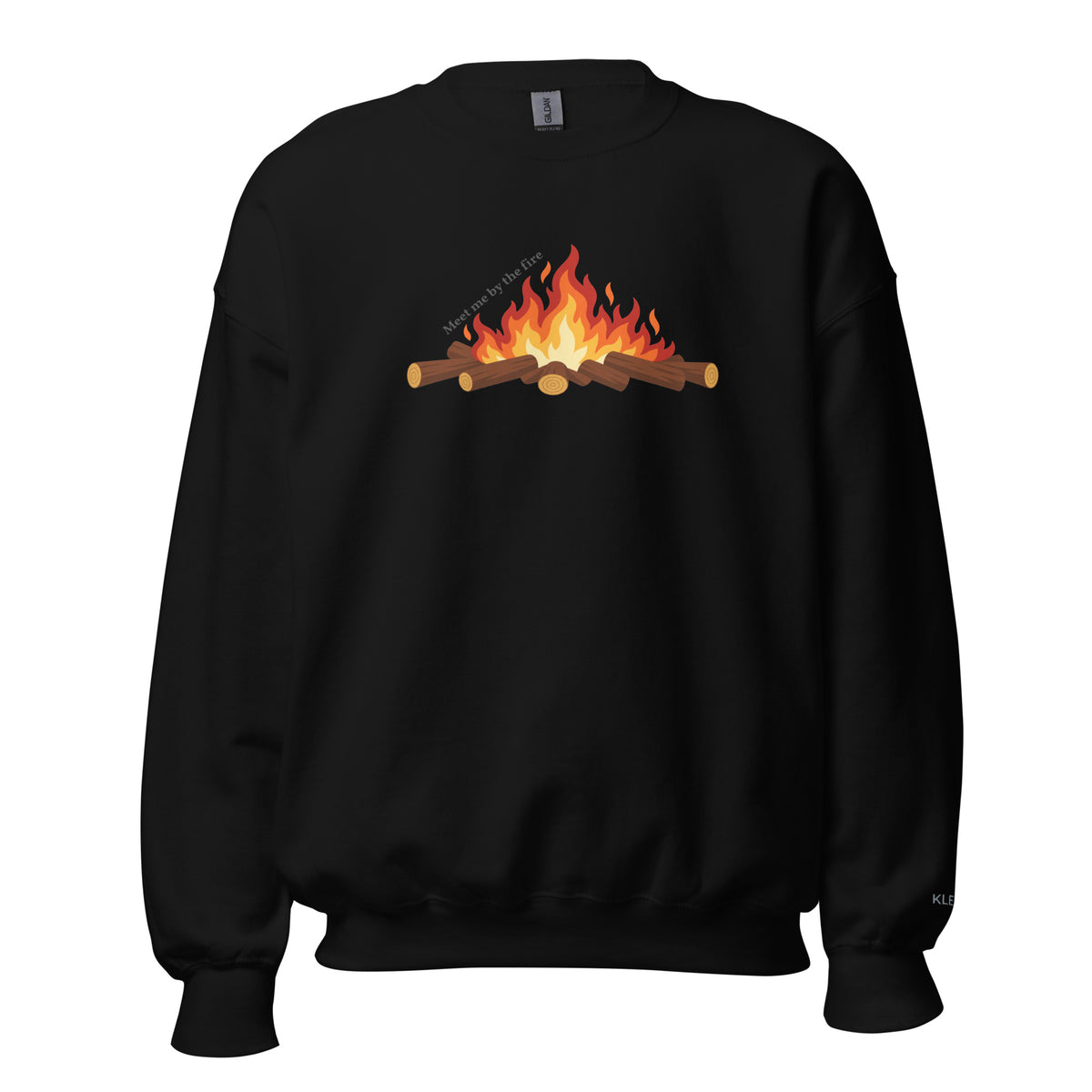 Black Meet Me by the Fire crewneck sweatshirt by Klemm & Co., featuring the printed campfire design on the front.