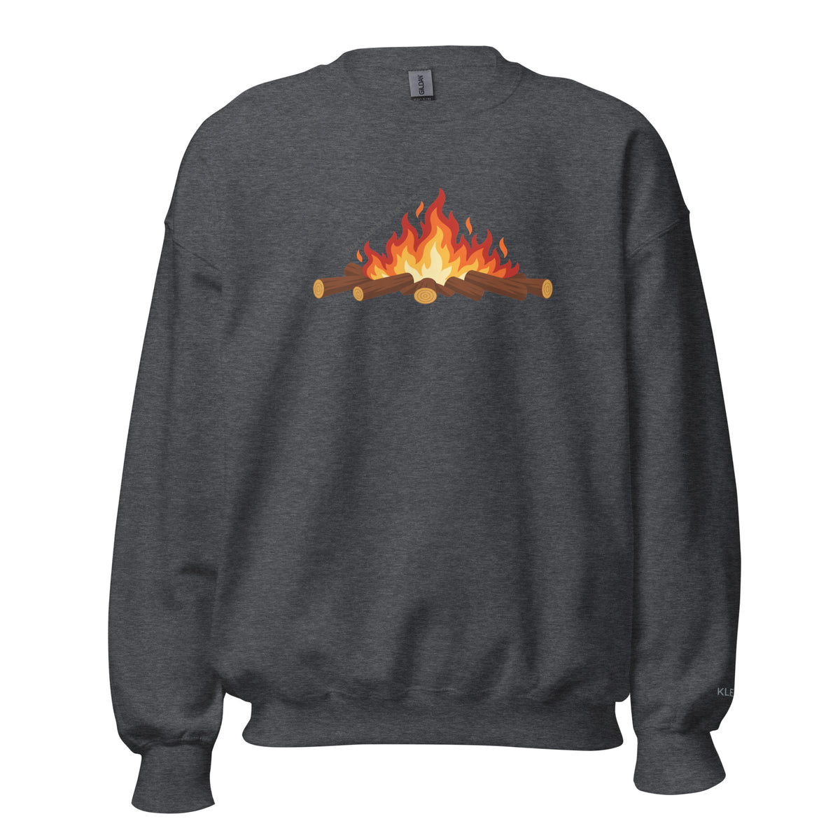 Dark heather grey Meet Me by the Fire crewneck sweatshirt by Klemm & Co., featuring the printed campfire design on the front.