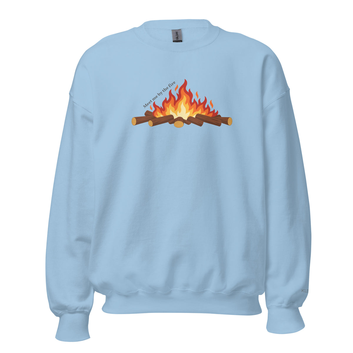 Light blue Meet Me by the Fire crewneck sweatshirt by Klemm & Co., featuring the printed campfire design on the front.
