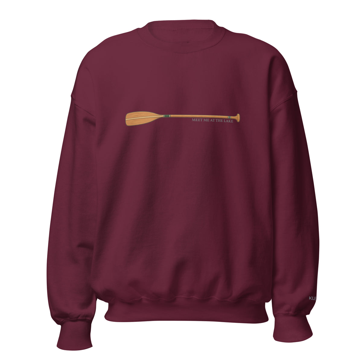Maroon Meet Me at the Lake crewneck sweatshirt by Klemm & Co., featuring the printed paddle design on the front.