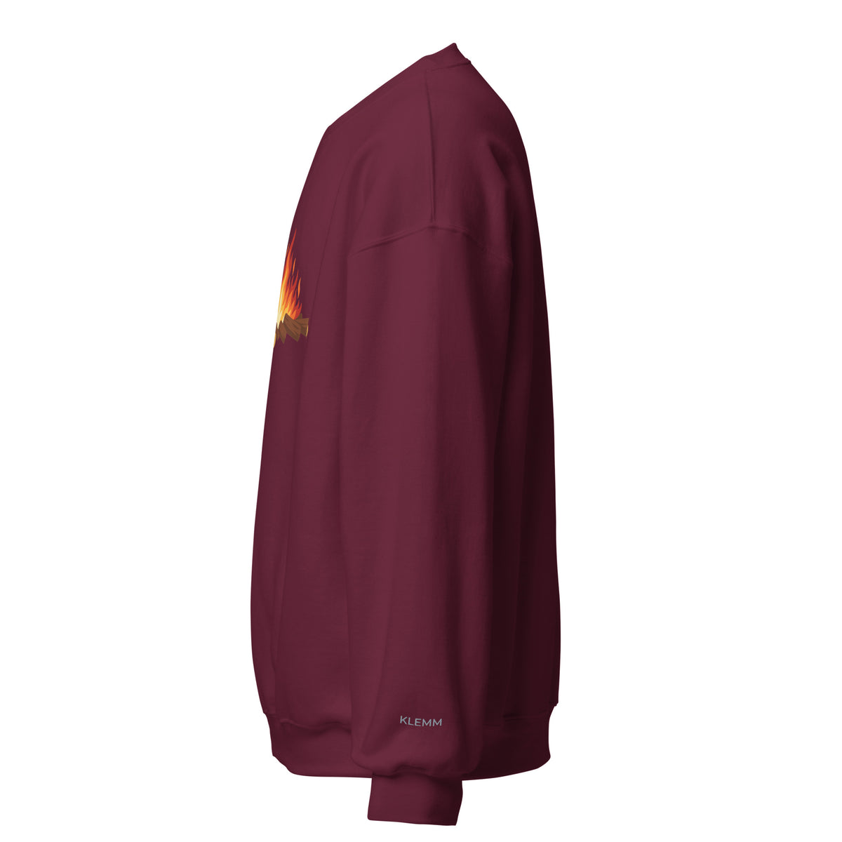 Left side view of the maroon Meet Me by the Fire crewneck sweatshirt by Klemm & Co., showing the printed KLEMM sleeve branding.