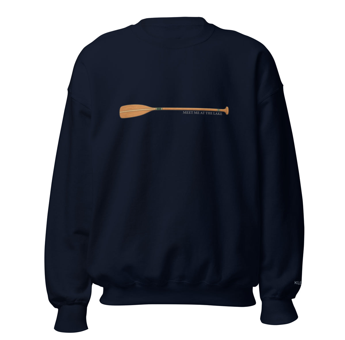 Navy Meet Me at the Lake crewneck sweatshirt by Klemm & Co., featuring the printed paddle design on the front.