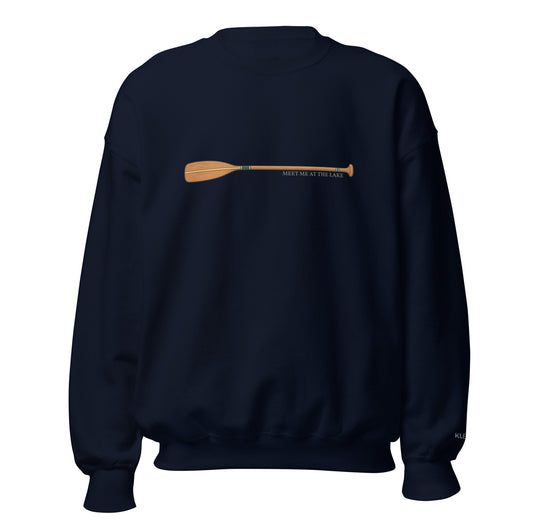 Navy Meet Me at the Lake crewneck sweatshirt by Klemm & Co., featuring the printed paddle design on the front.