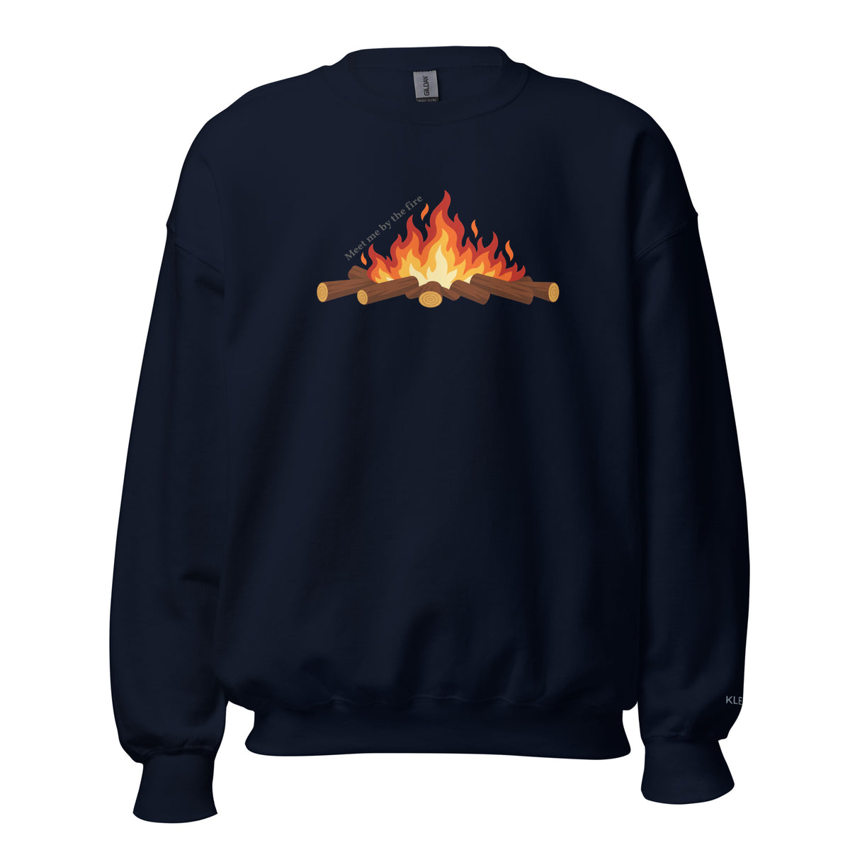 Navy Meet Me by the Fire crewneck sweatshirt by Klemm & Co., featuring the printed campfire design on the front.