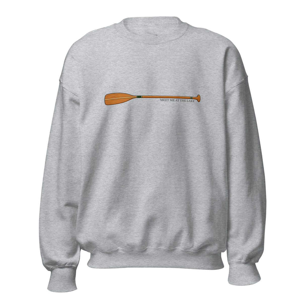 Sport grey Meet Me at the Lake crewneck sweatshirt by Klemm & Co., featuring the printed paddle design on the front.