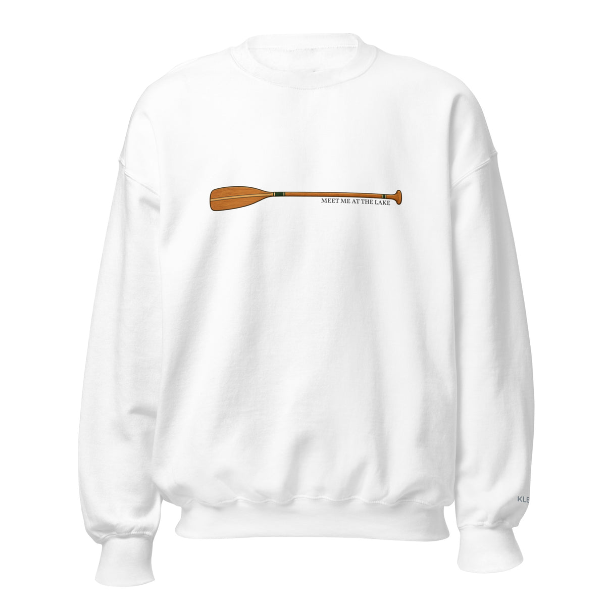White Meet Me at the Lake crewneck sweatshirt by Klemm & Co., featuring the printed paddle design on the front.