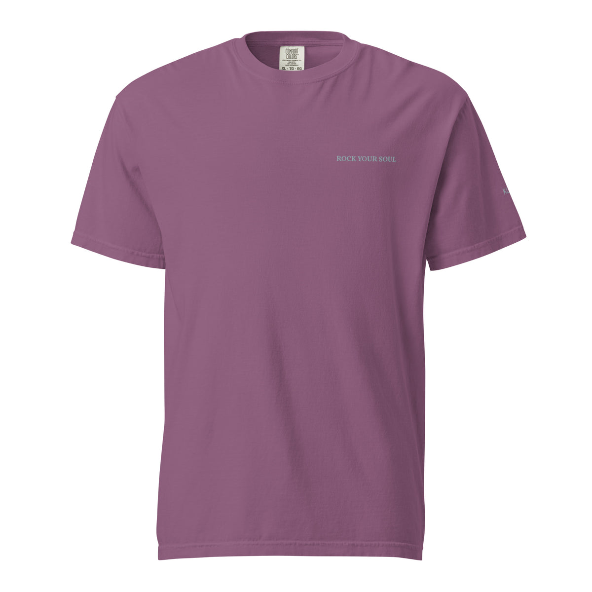 Berry Rock Your Soul T-shirt by Klemm & Co., featuring ROCK YOUR SOUL embroidered in grey thread on the front.