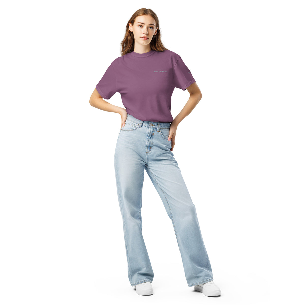 Female model wearing the berry Rock Your Soul T-shirt by Klemm & Co., front view showing ROCK YOUR SOUL embroidered in grey thread.