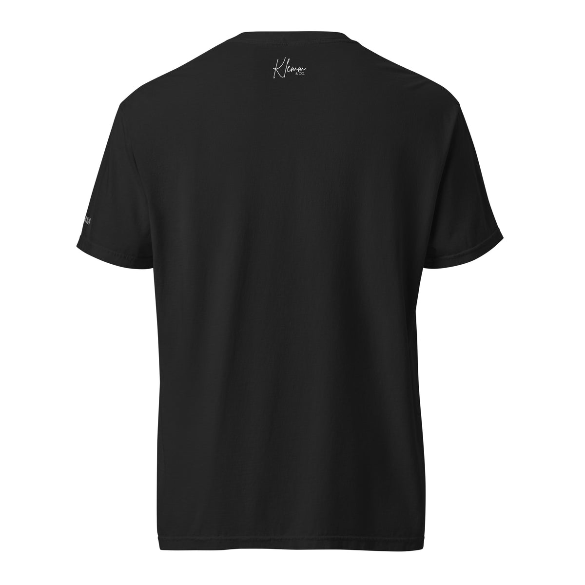 Black Meet Me at the Dock graphic T-shirt by Klemm & Co., back view showing subtle Klemm & Co. branding at the neckline.