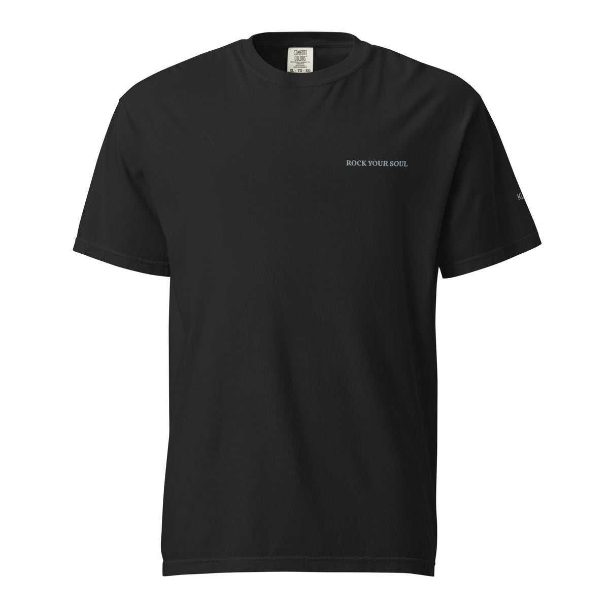 Black Rock Your Soul T-shirt by Klemm & Co., featuring ROCK YOUR SOUL embroidered in grey thread on the front.