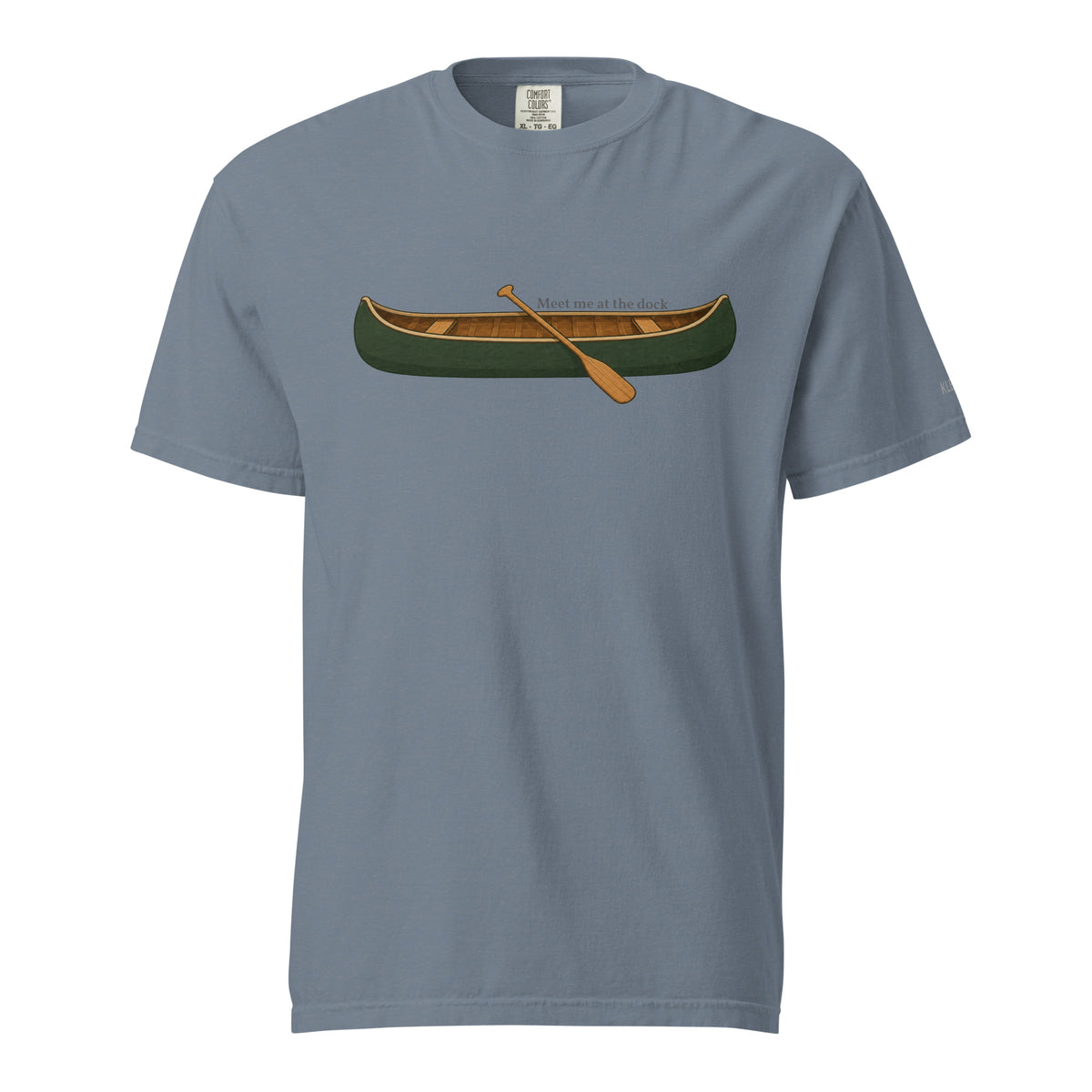 Blue jean Meet Me at the Dock graphic T-shirt by Klemm & Co., featuring the printed canoe design on the front.