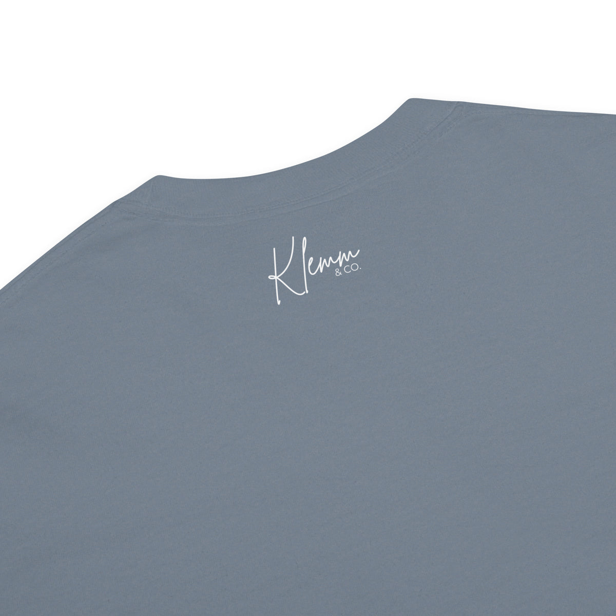 Blue jean Poured for This coffee T-shirt by Klemm & Co., back view showing Klemm & Co. branding printed in white at the neckline.