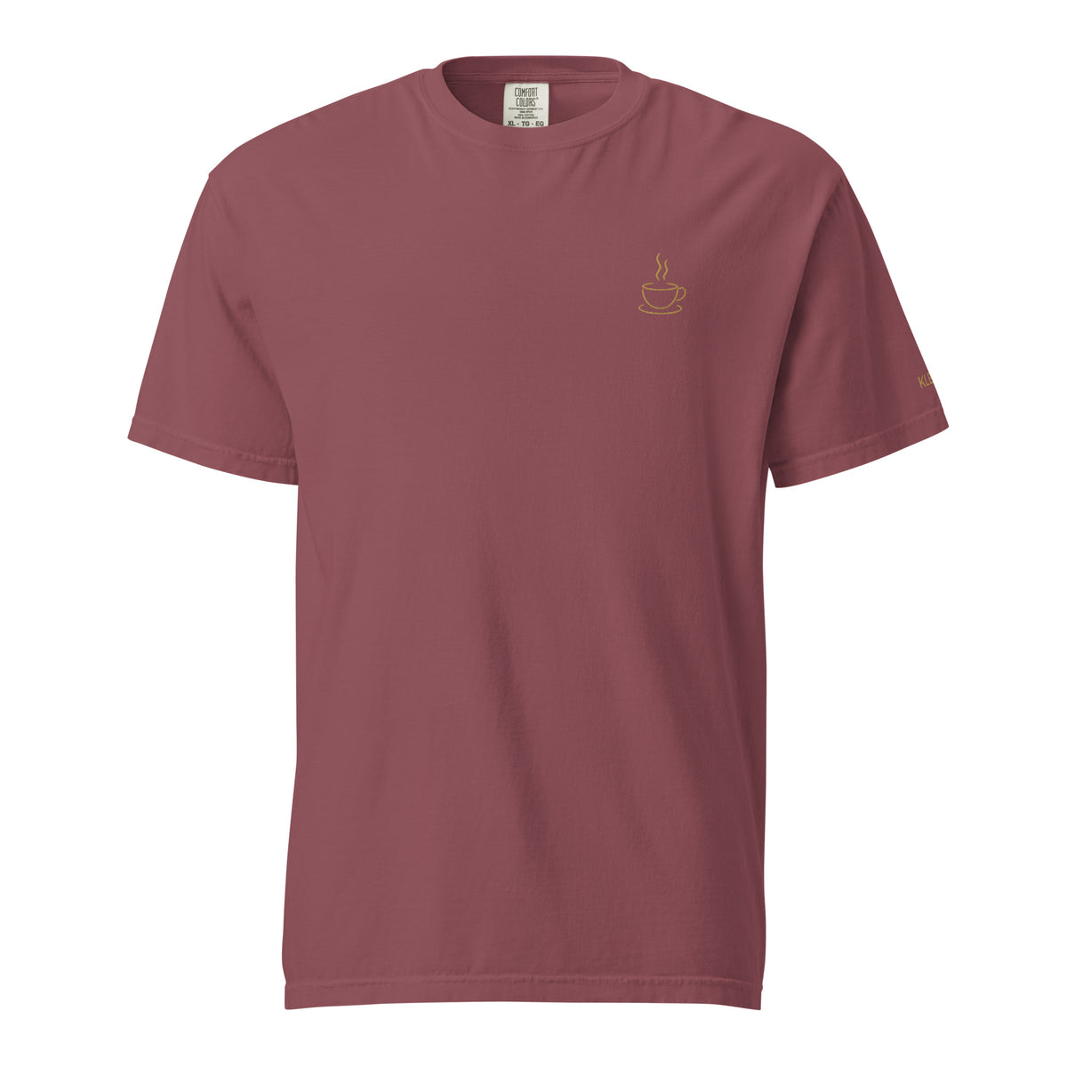 Brick Poured for This coffee T-shirt by Klemm & Co., featuring the coffee cup design embroidered in gold thread on the front.