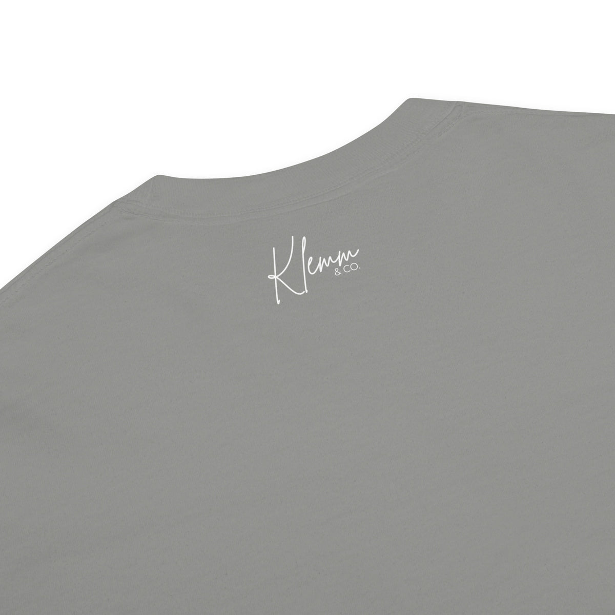 Grey Poured for This coffee T-shirt by Klemm & Co., back view showing Klemm & Co. branding printed in white at the neckline.