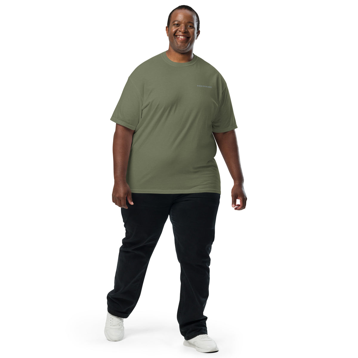 Plus-size male model wearing the moss Rock Your Soul T-shirt by Klemm & Co., front view showing ROCK YOUR SOUL embroidered in grey thread.