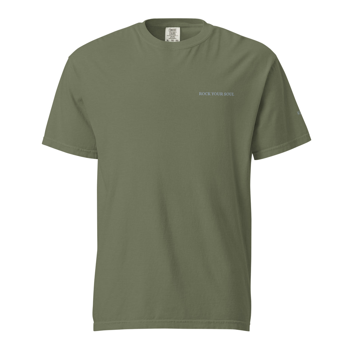 Moss Rock Your Soul T-shirt by Klemm & Co., featuring ROCK YOUR SOUL embroidered in grey thread on the front.