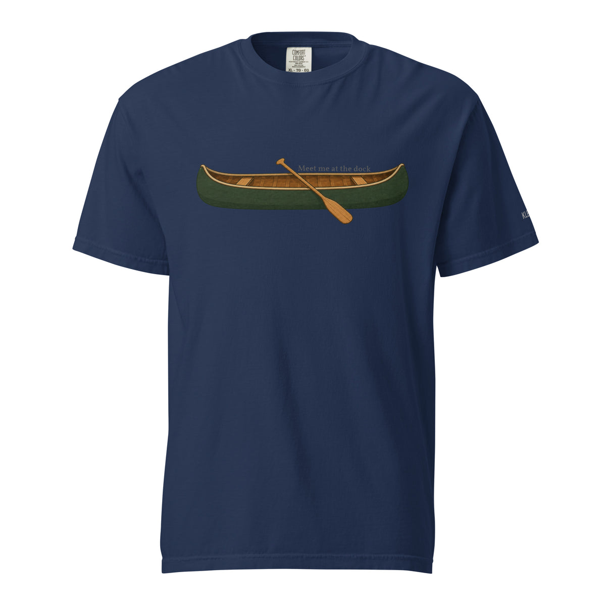 Navy Meet Me at the Dock graphic T-shirt by Klemm & Co., featuring the printed canoe design on the front.