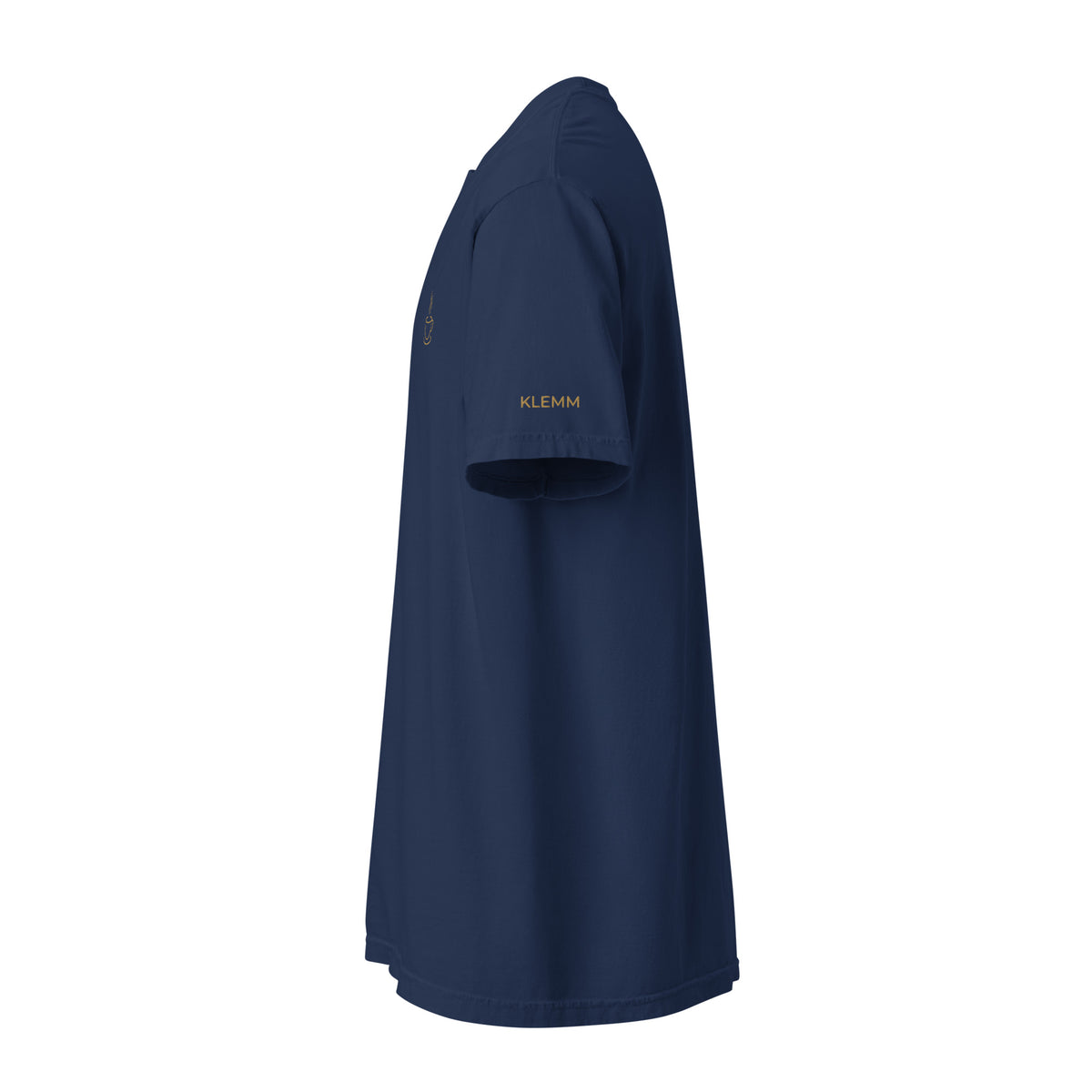 Navy Poured for This coffee T-shirt by Klemm & Co., left side view showing KLEMM embroidered in gold thread on the sleeve.
