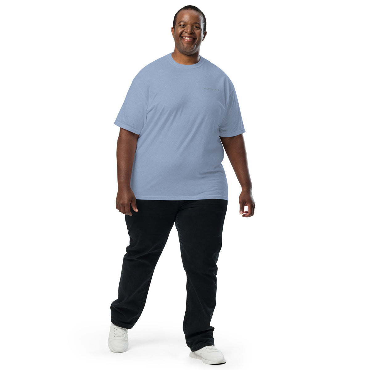 Plus-size male model wearing the washed denim Rock Your Soul T-shirt by Klemm & Co., front view showing ROCK YOUR SOUL embroidered in grey thread.