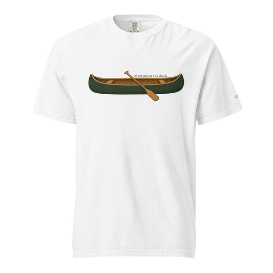 White Meet Me at the Dock graphic T-shirt by Klemm & Co., featuring the printed canoe design on the front.