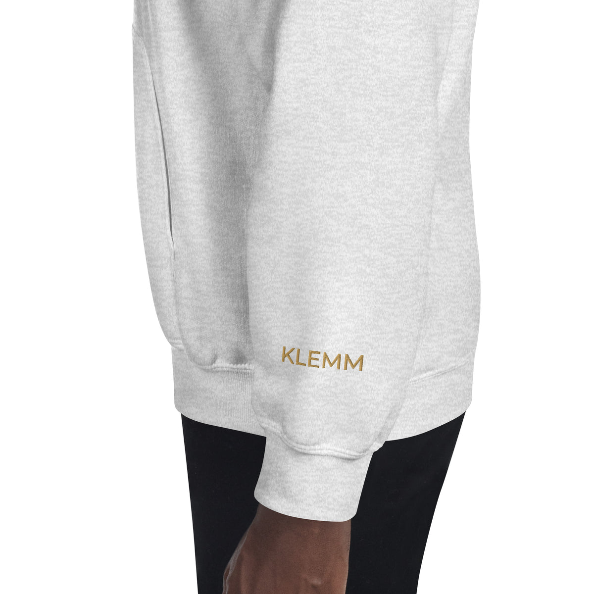 Left sleeve view of the ash Poured for This wine hoodie by Klemm & Co., featuring KLEMM embroidered in gold thread.