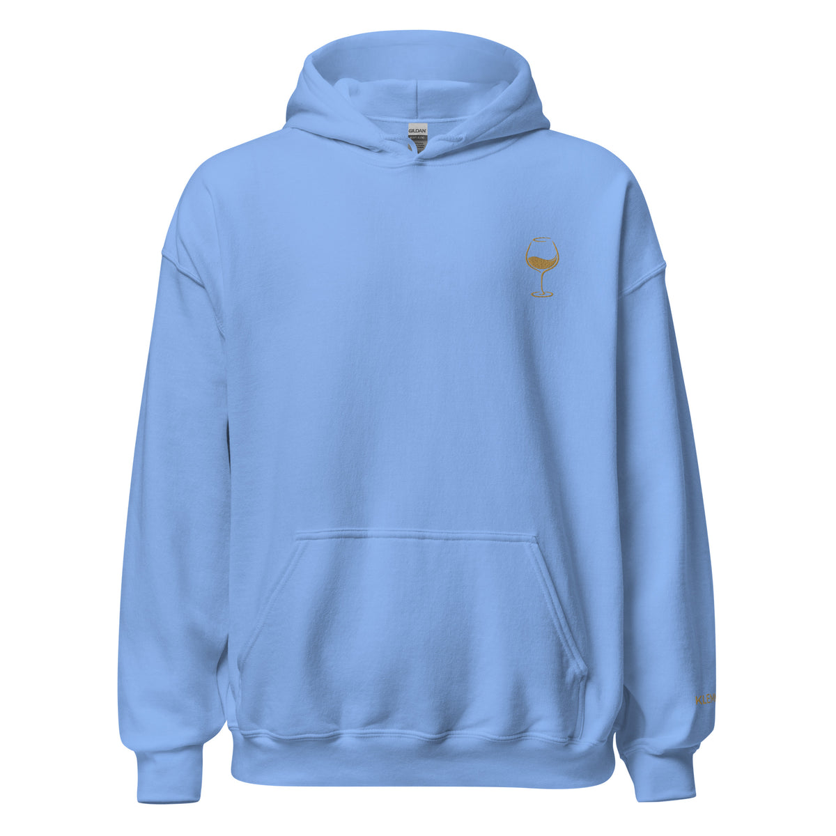 Carolina blue Poured for This wine hoodie by Klemm & Co., featuring a minimalist wine glass design embroidered in gold thread on the front.