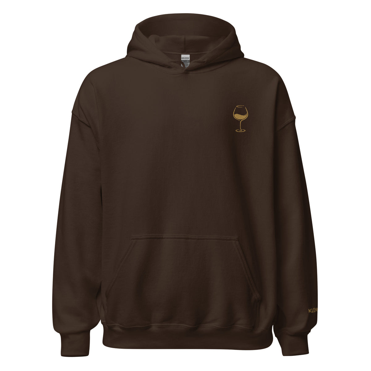 Dark chocolate Poured for This wine hoodie by Klemm & Co., featuring a minimalist wine glass design embroidered in gold thread on the front.