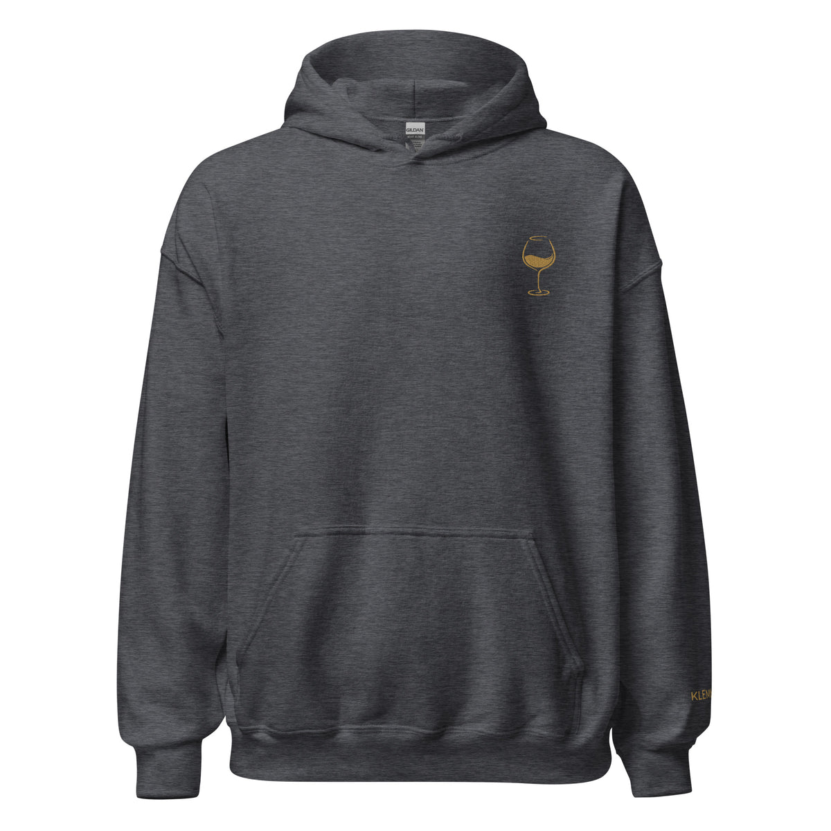 Dark heather grey Poured for This wine hoodie by Klemm & Co., featuring a minimalist wine glass design embroidered in gold thread on the front.