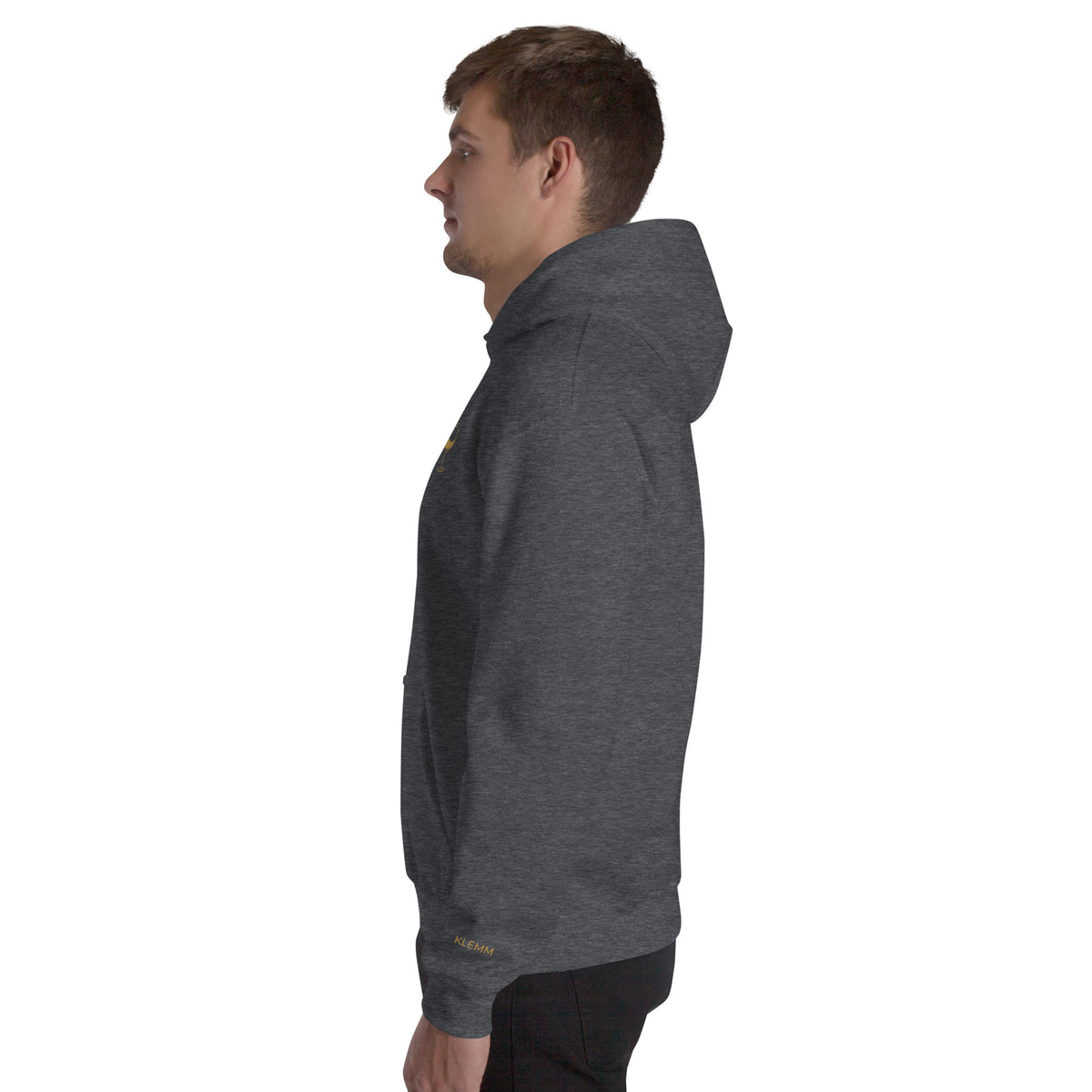 Male model wearing the dark heather grey Poured for This wine hoodie by Klemm & Co., side view showing the KLEMM sleeve branding embroidered in gold thread.
