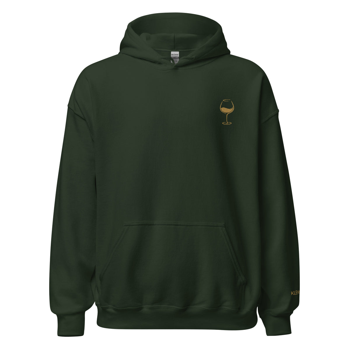 Forest green Poured for This wine hoodie by Klemm & Co., featuring a minimalist wine glass design embroidered in gold thread on the front.