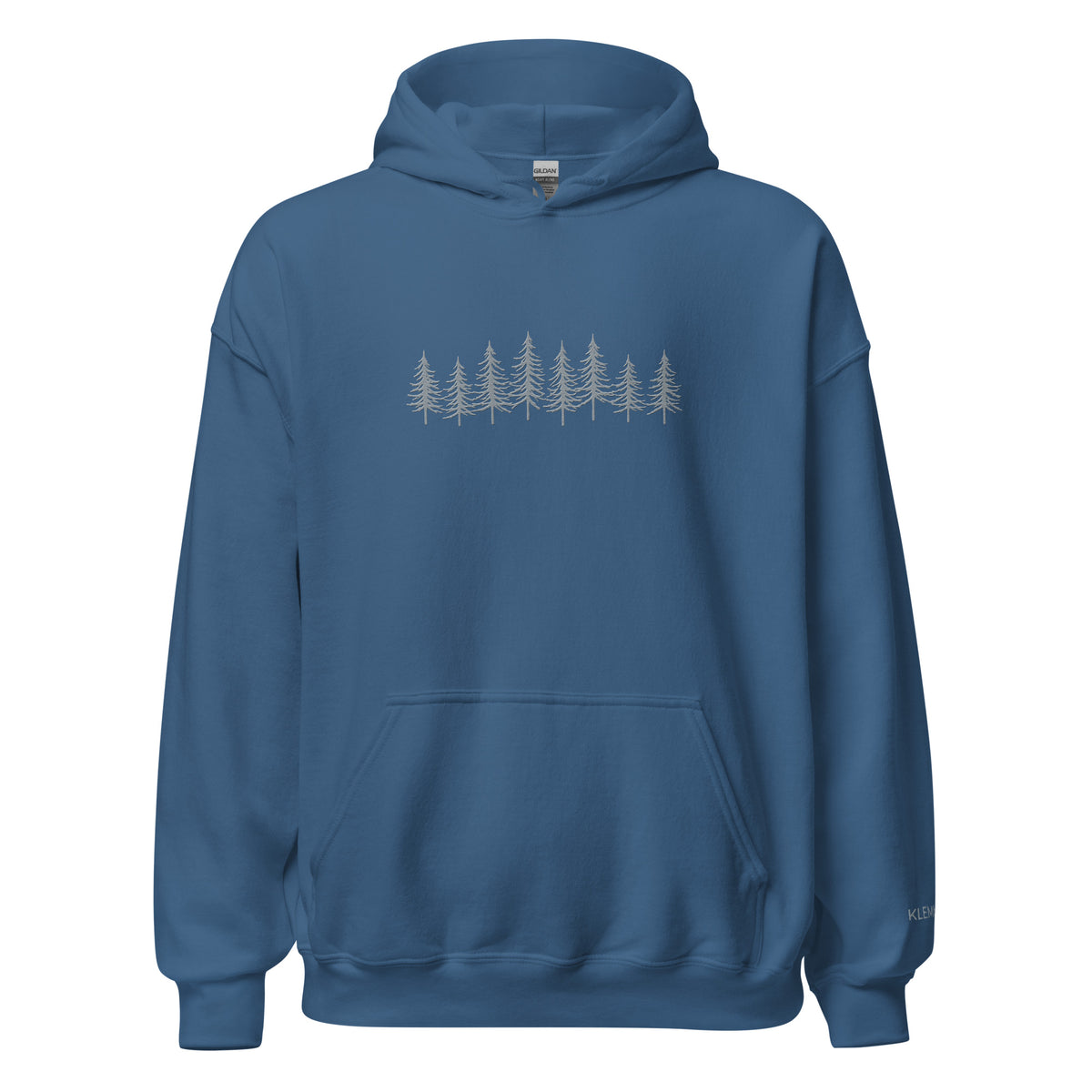 Indigo blue Into the Pines embroidered hoodie by Klemm & Co., featuring the pine tree design embroidered in grey thread on the front.