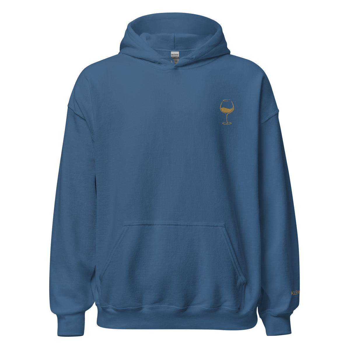 Indigo blue Poured for This wine hoodie by Klemm & Co., featuring a minimalist wine glass design embroidered in gold thread on the front.
