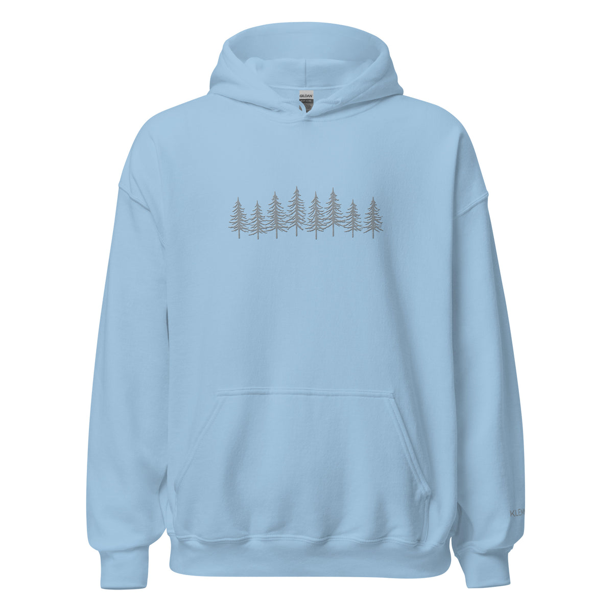 Light blue Into the Pines embroidered hoodie by Klemm & Co., featuring the pine tree design embroidered in grey thread on the front.